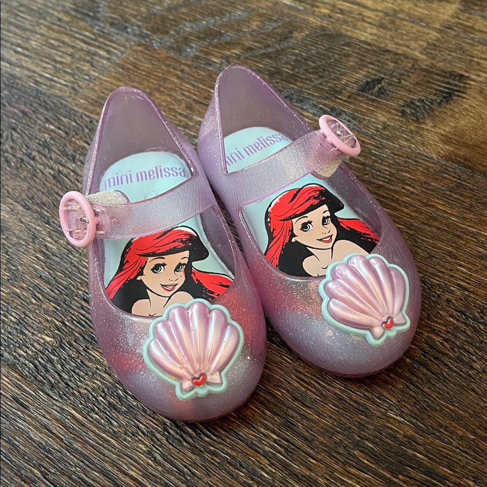 Mini Melissa Pink Glitter Ariel Jelly Mary Janes with Seashell Appliqués